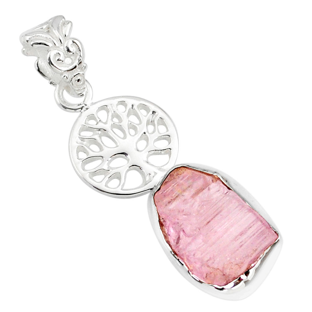 7.12cts natural pink kunzite raw 925 silver tree of life pendant r80987