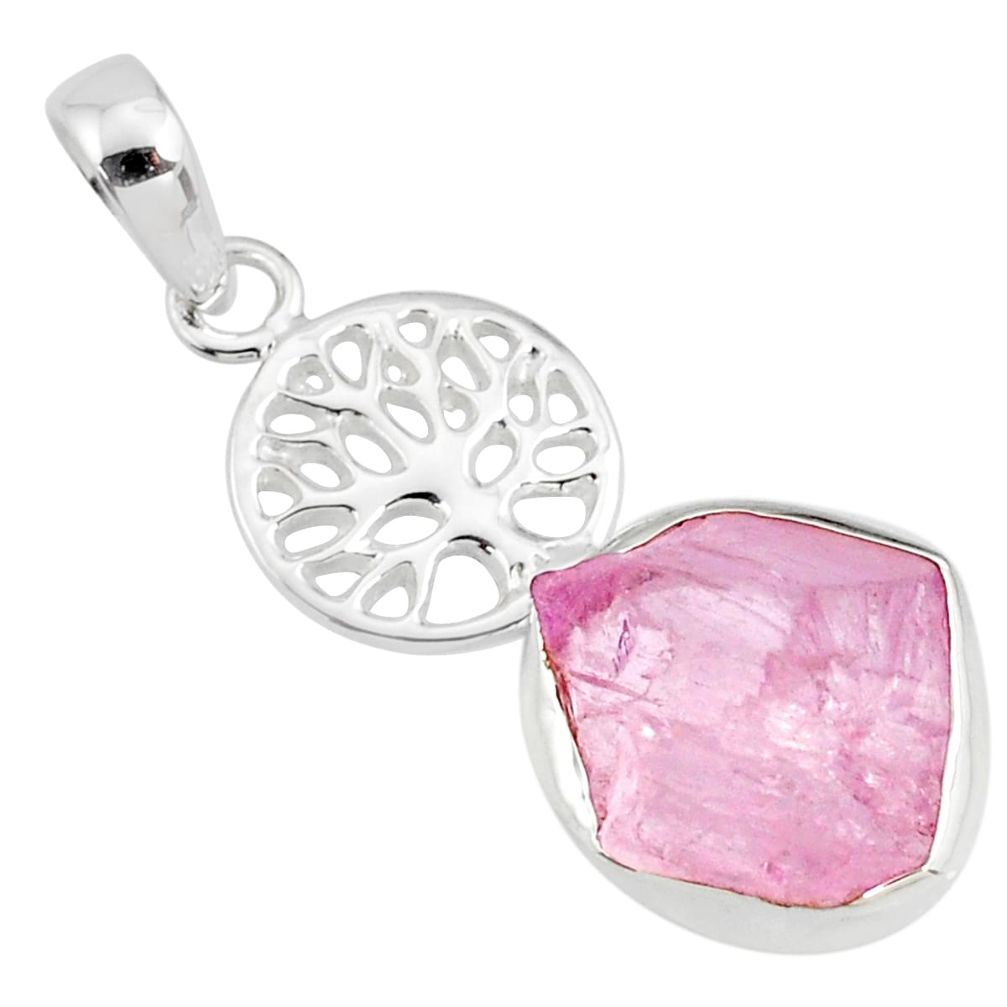 8.42cts natural pink kunzite raw 925 silver tree of life pendant r80989