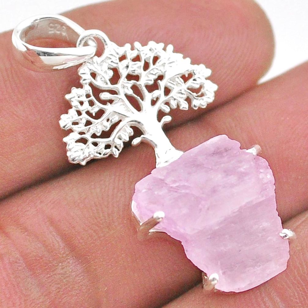 12.52cts natural pink kunzite raw 925 silver tree of life pendant t48406