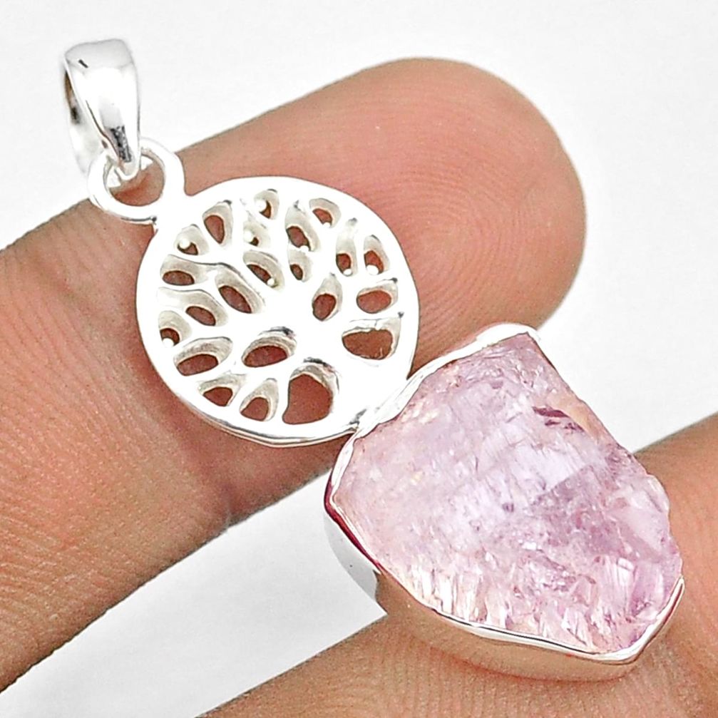 10.58cts natural pink kunzite rough 925 silver tree of life pendant u27010