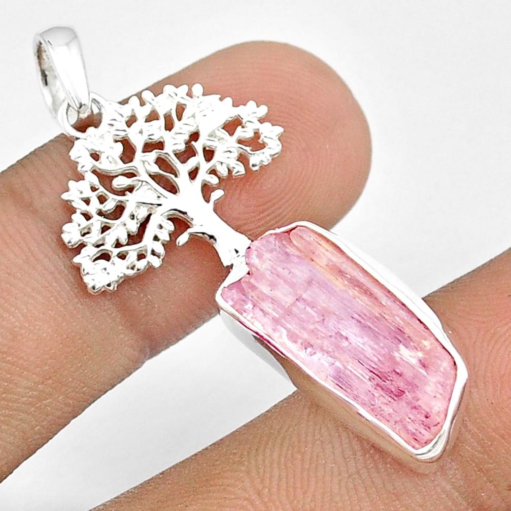 8.66cts natural pink kunzite rough 925 silver tree of life pendant u27016