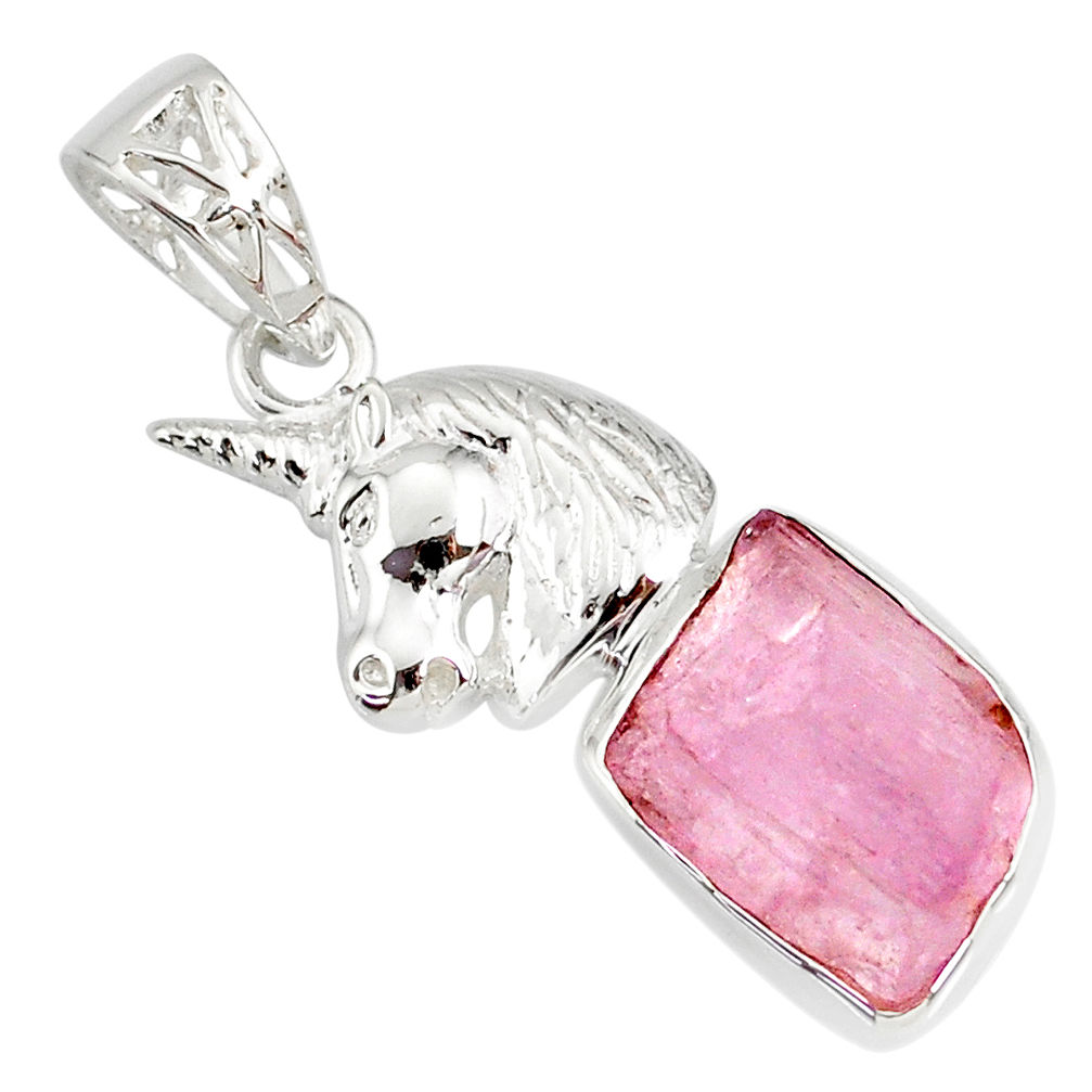 8.43cts natural pink kunzite raw 925 sterling silver horse pendant r80991