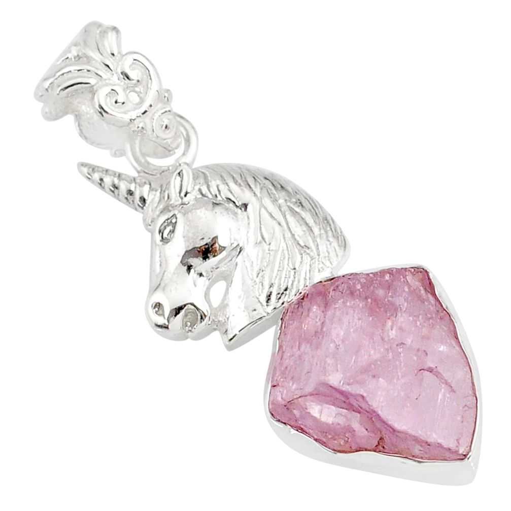 8.43cts natural pink kunzite raw 925 sterling silver horse pendant r80997