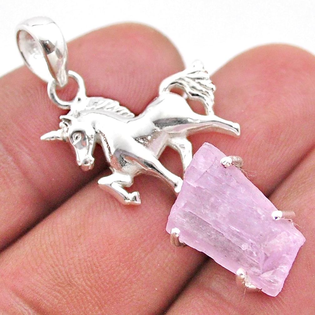 14.72cts natural pink kunzite raw 925 sterling silver horse pendant t48402