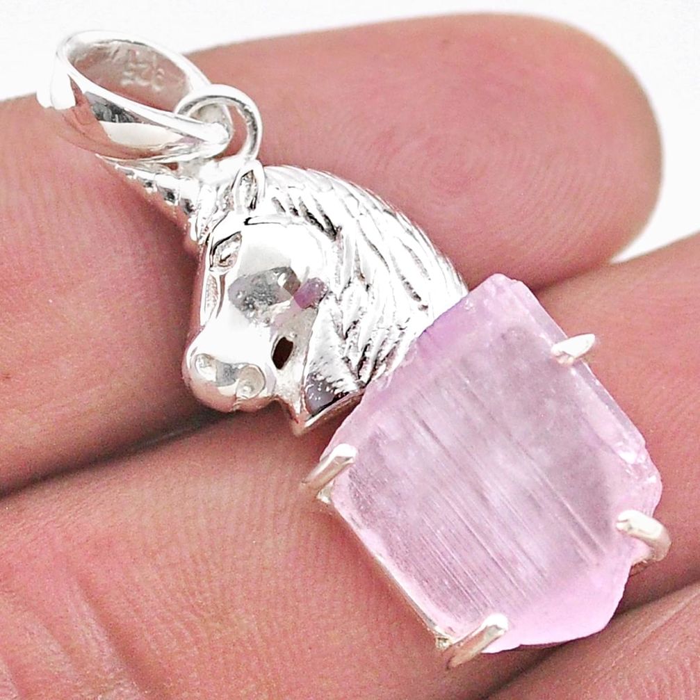 14.26cts natural pink kunzite raw 925 sterling silver horse pendant t48418