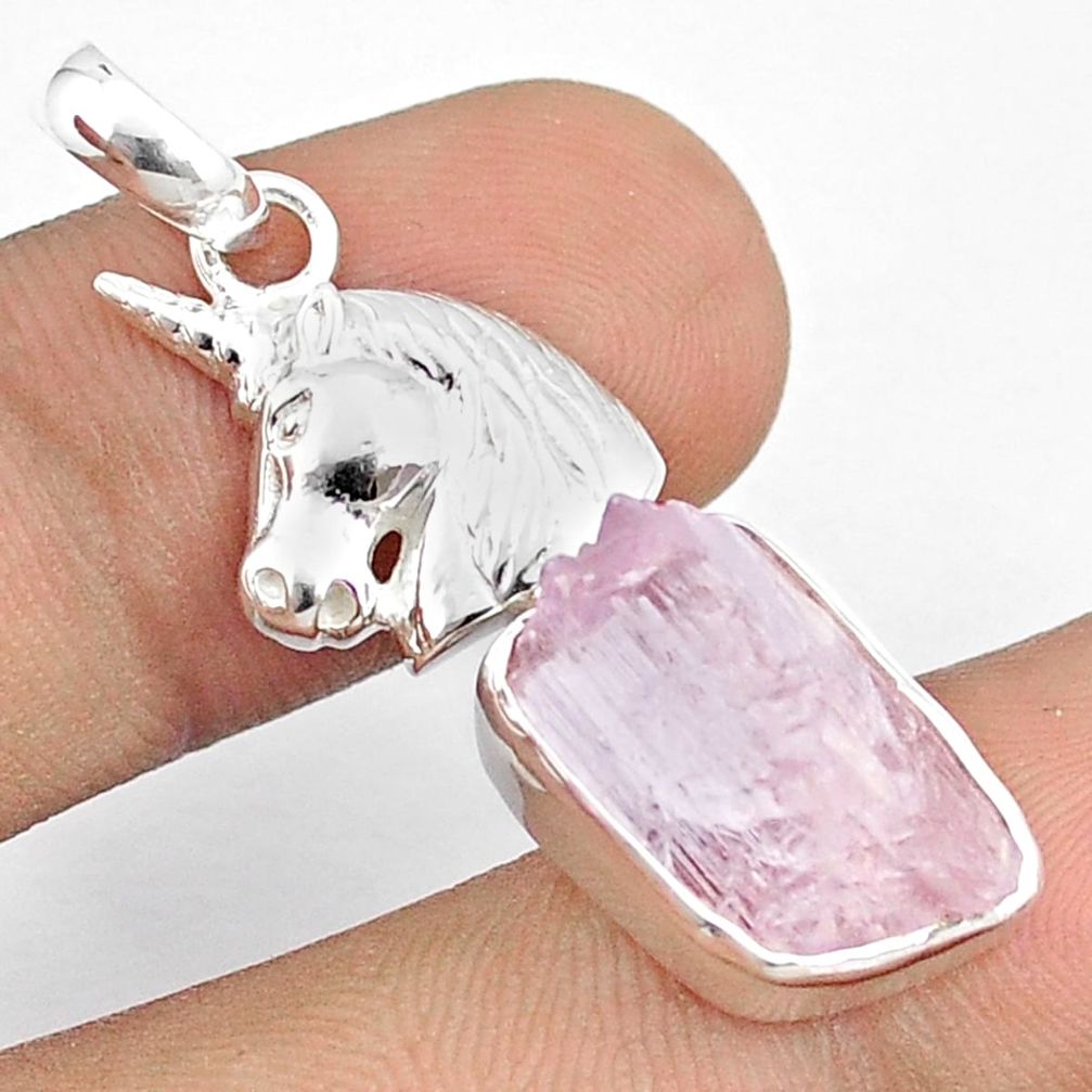 10.58cts natural pink kunzite rough 925 sterling silver horse pendant u26968