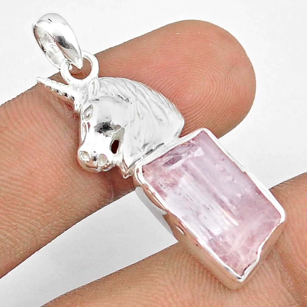 10.58cts natural pink kunzite rough 925 sterling silver horse pendant u26970