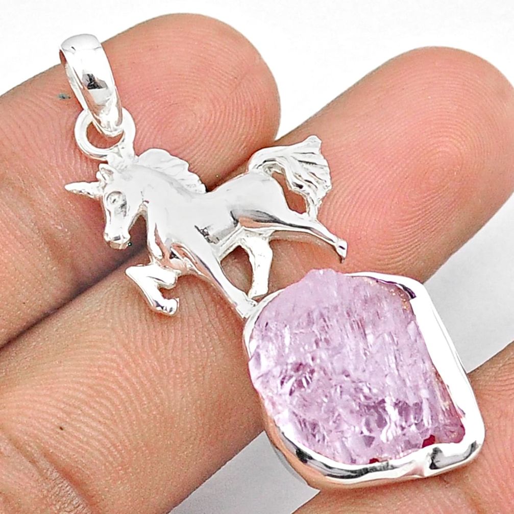 12.48cts natural pink kunzite rough 925 sterling silver unicorn pendant u26944
