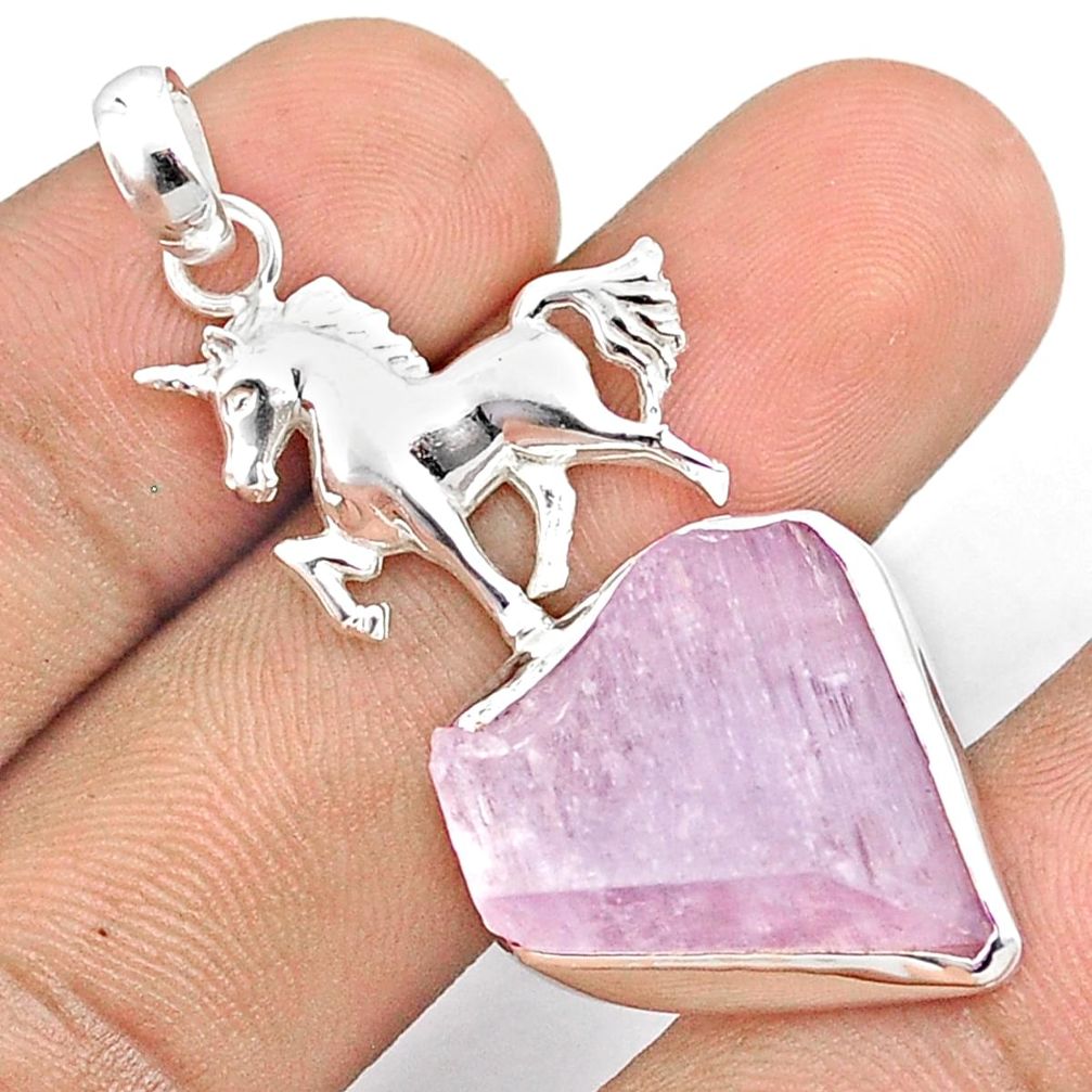 19.71cts natural pink kunzite rough 925 sterling silver unicorn pendant u26950