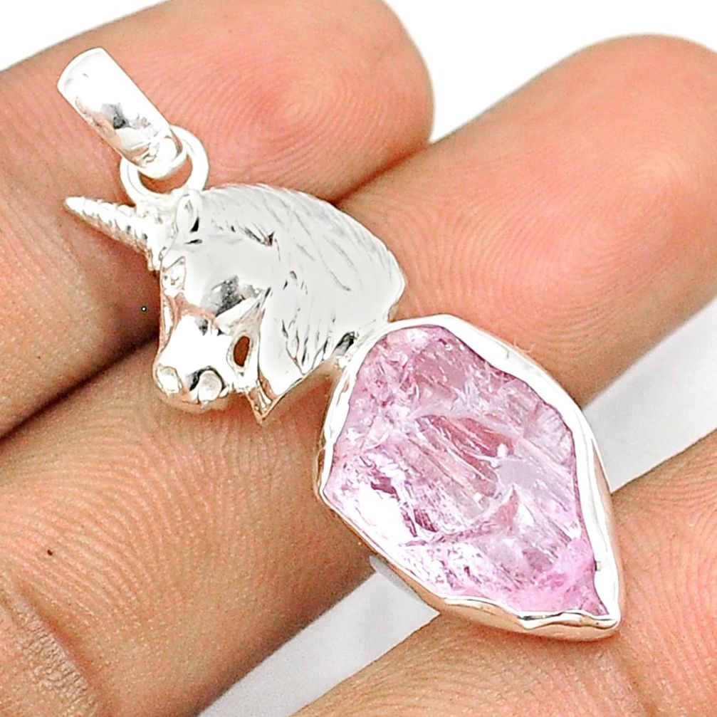 10.62cts natural pink kunzite rough 925 sterling silver unicorn pendant u26954