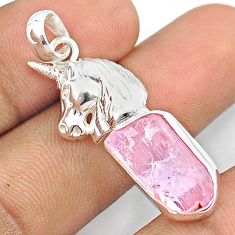 9.58cts natural pink kunzite rough 925 sterling silver unicorn pendant u26956