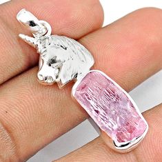 11.51cts natural pink kunzite rough 925 sterling silver unicorn pendant u26959
