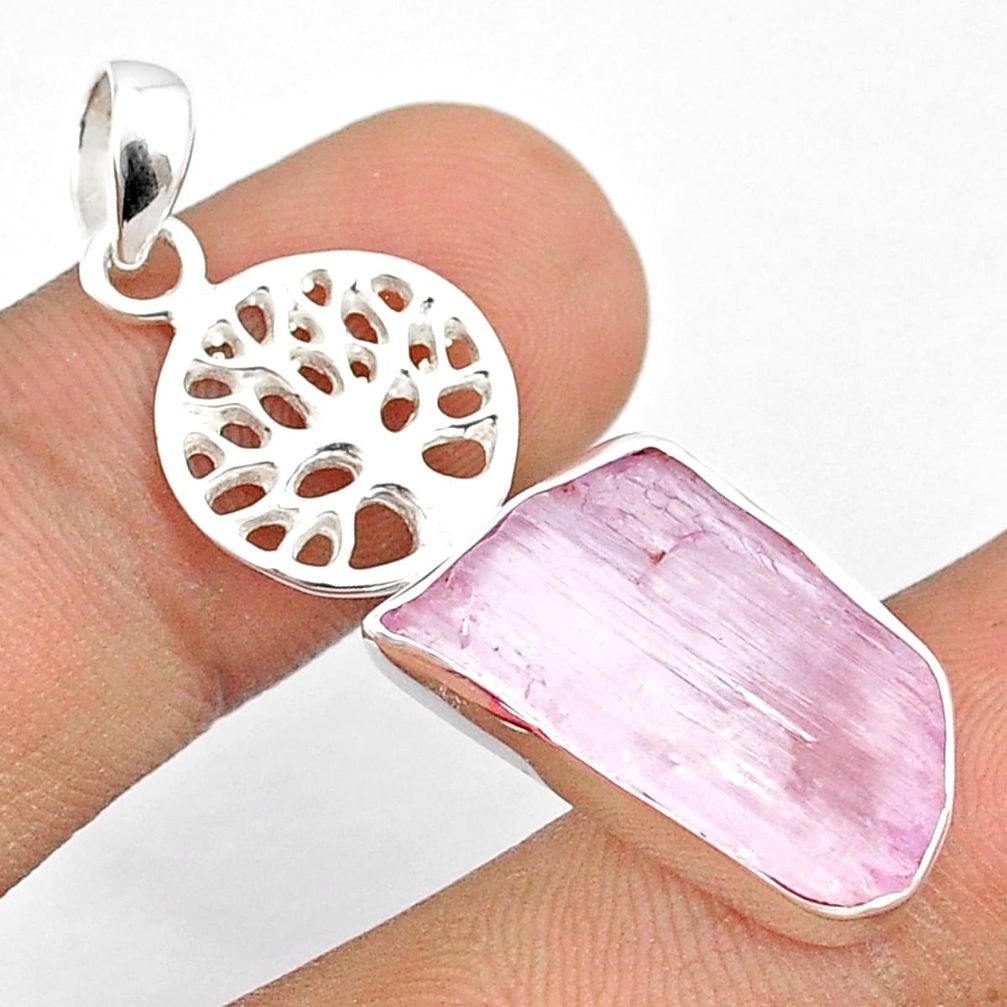 10.97cts natural pink kunzite rough fancy 925 silver tree of life pendant u27006