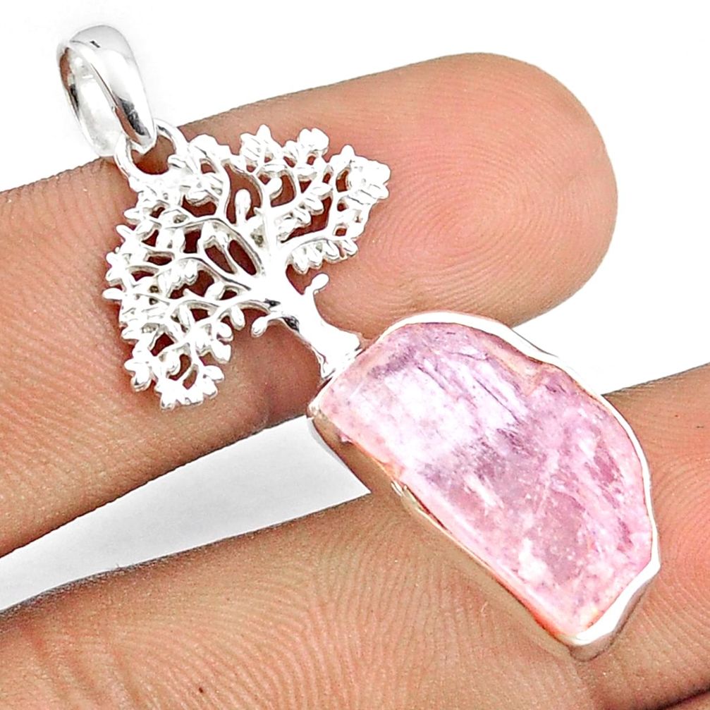 9.56cts natural pink kunzite rough fancy 925 silver tree of life pendant u27028