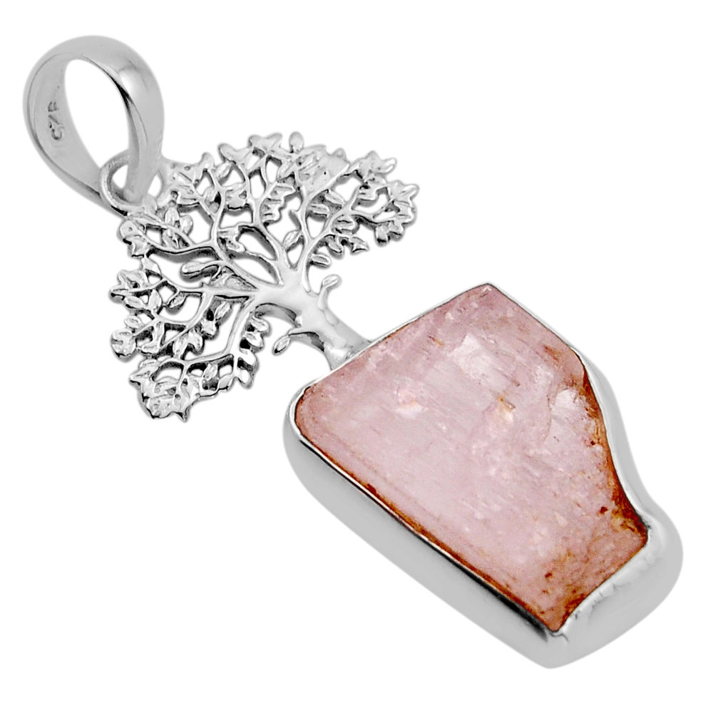 10.76cts natural pink kunzite rough fancy 925 silver tree of life pendant y96044