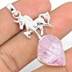 11.44cts natural pink kunzite rough fancy 925 silver unicorn pendant u26949