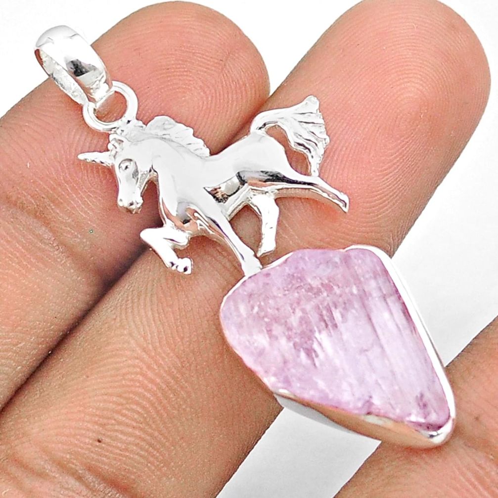 11.46cts natural pink kunzite rough fancy 925 silver unicorn pendant u26951