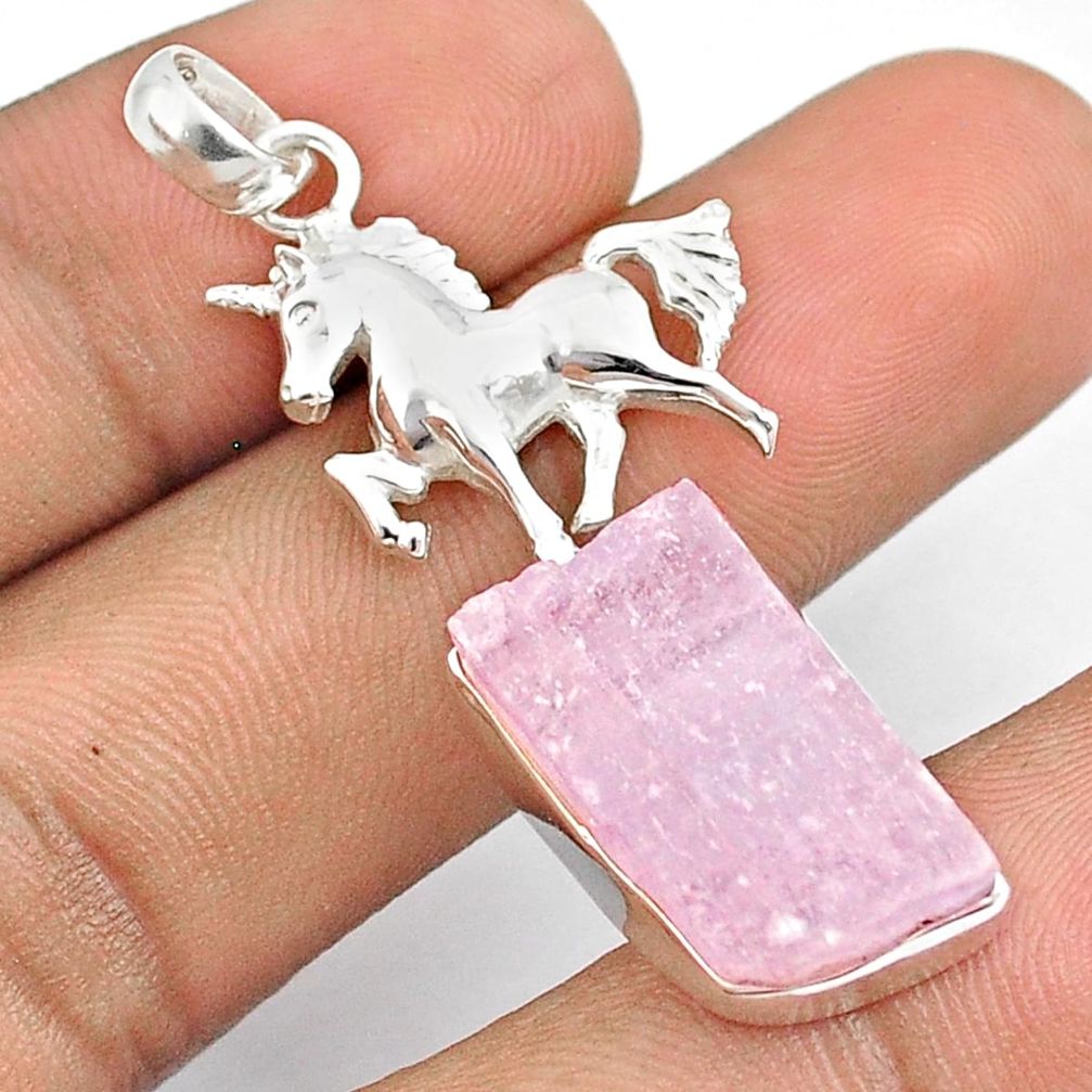 14.33cts natural pink kunzite rough fancy sterling silver unicorn pendant u26958