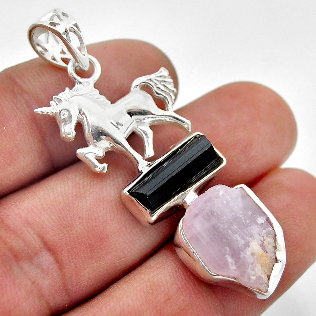 16.28cts natural pink kunzite tourmaline rough 925 silver horse pendant n48215