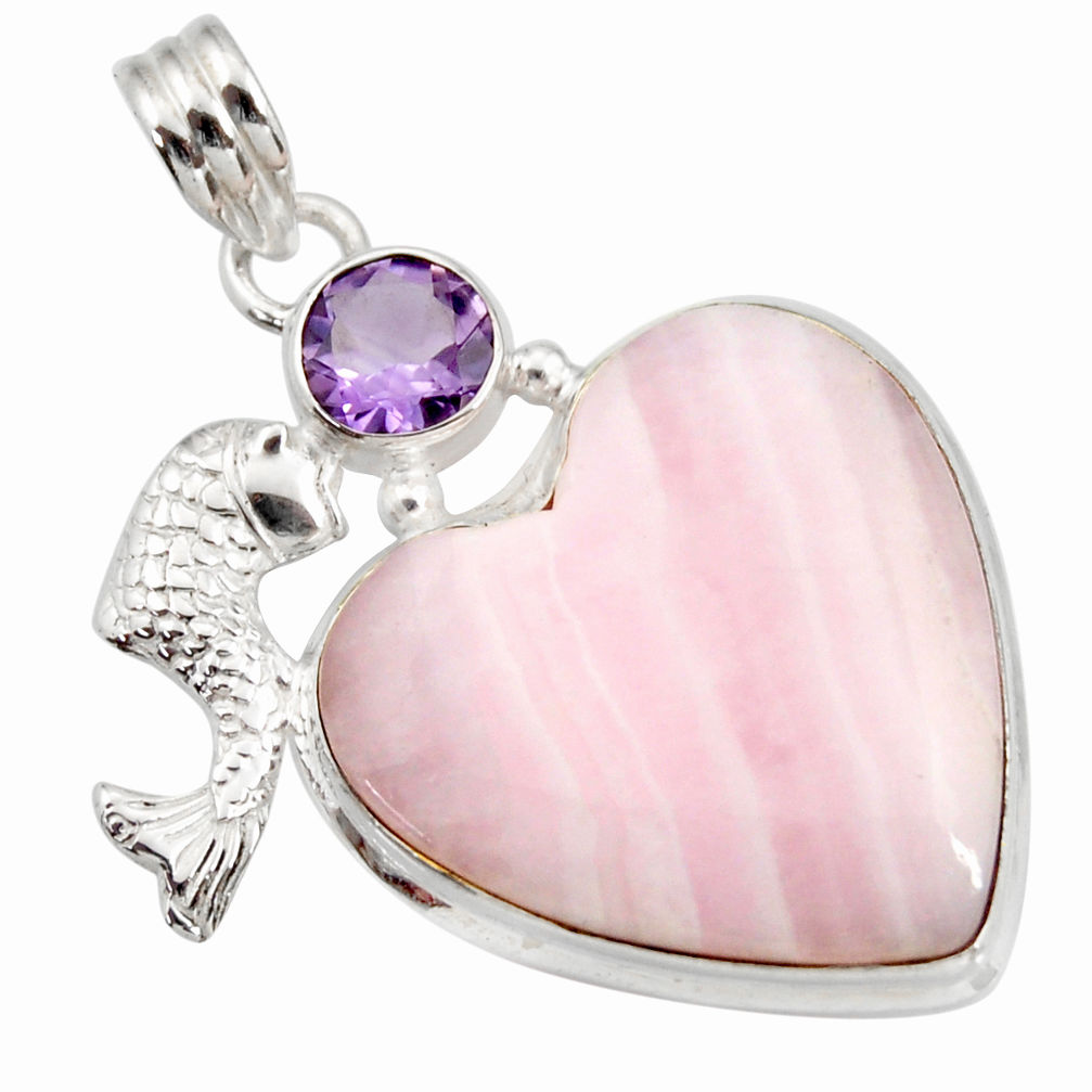  pink lace agate heart amethyst 925 silver fish pendant d42062