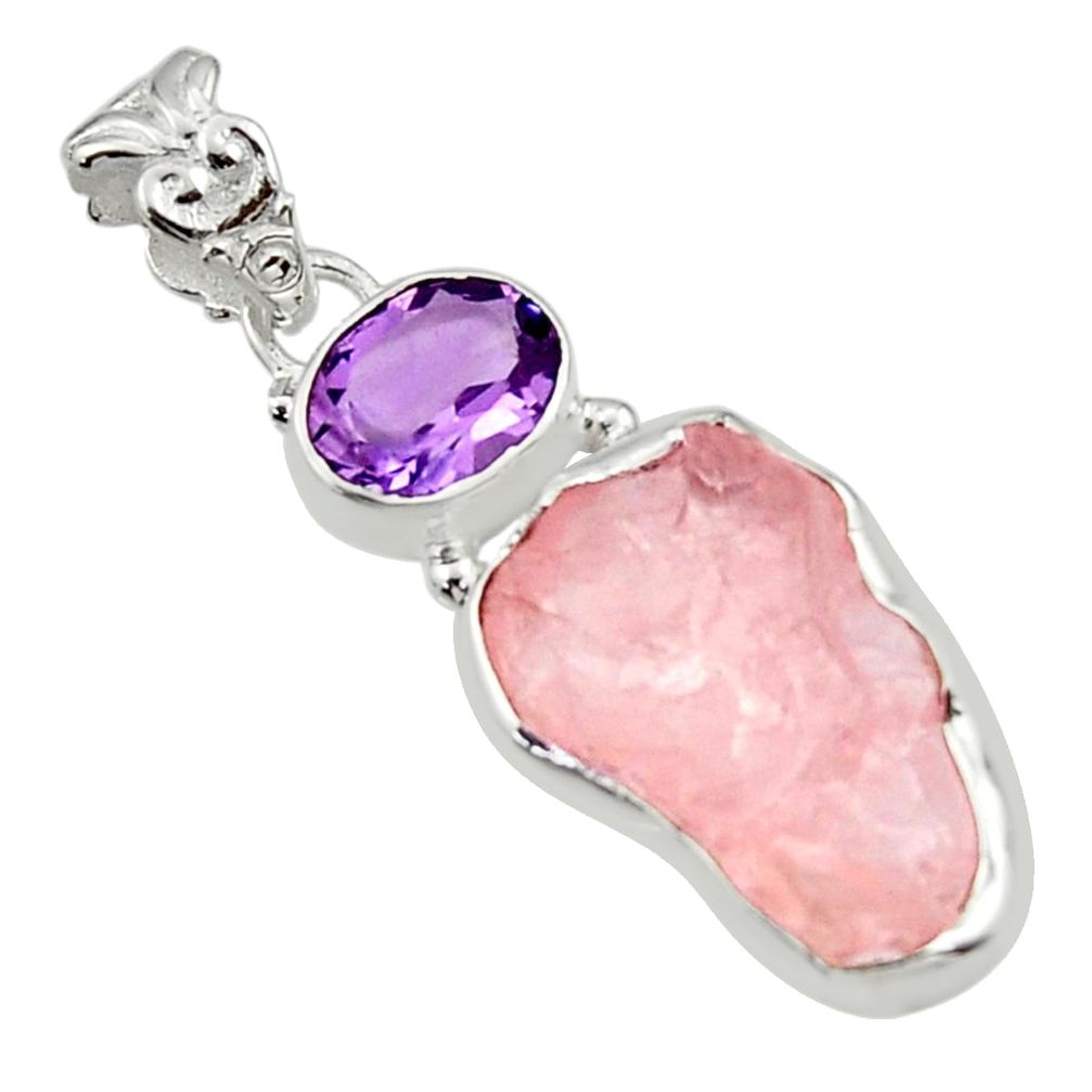 13.70cts natural pink morganite rough purple amethyst 925 silver pendant r29781