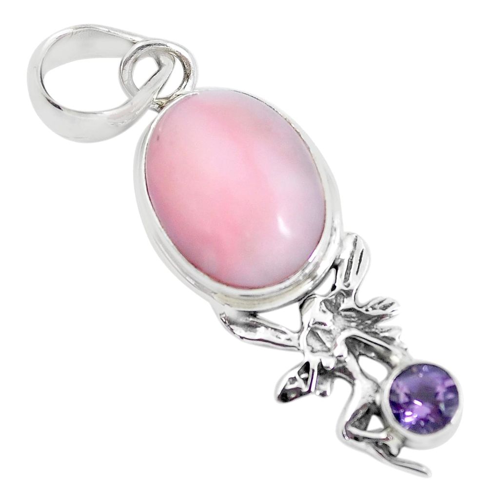 10.81cts natural pink opal amethyst 925 silver angel wings fairy pendant p55393