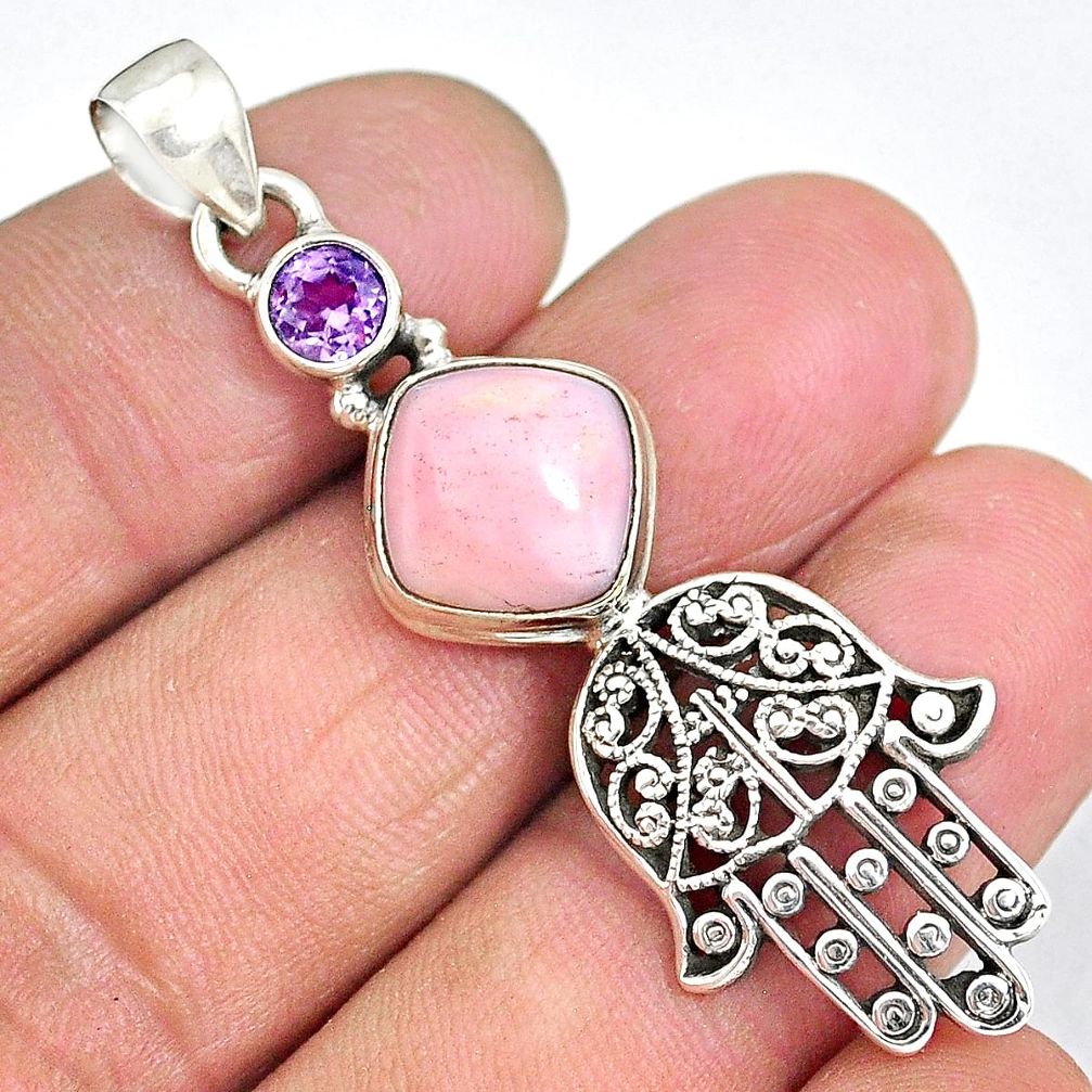 6.15cts natural pink opal amethyst 925 silver hand of god hamsa pendant r90363