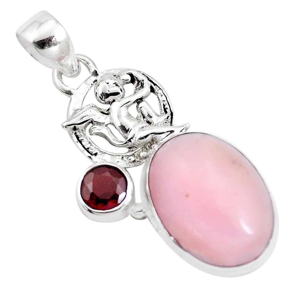 14.40cts natural pink opal garnet 925 silver cupid angel wings pendant p16238