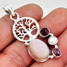 7.84cts natural pink opal garnet pearl 925 silver tree of life pendant n33958