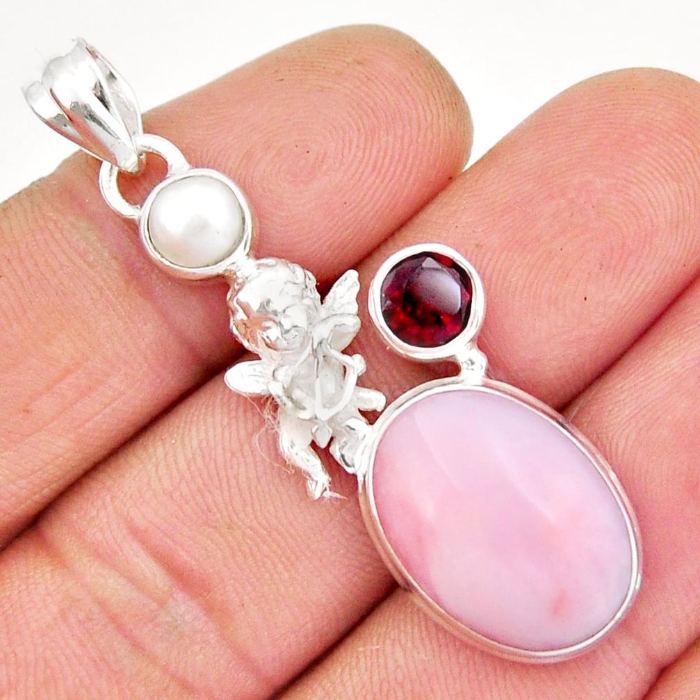 13.71cts natural pink opal garnet pearl 925 sterling silver angel pendant y5869