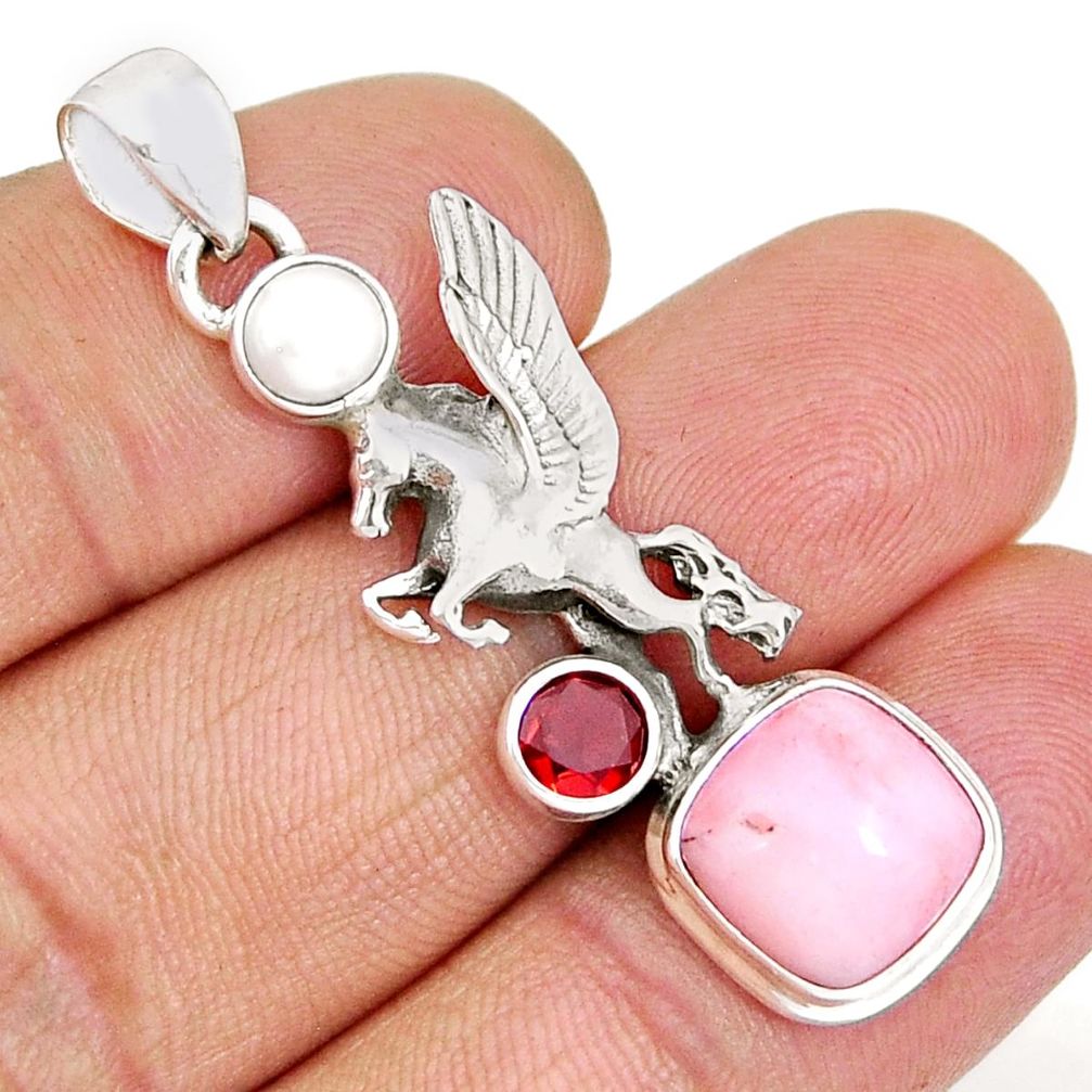 5.96cts natural pink opal garnet pearl 925 sterling silver unicorn pendant y7114