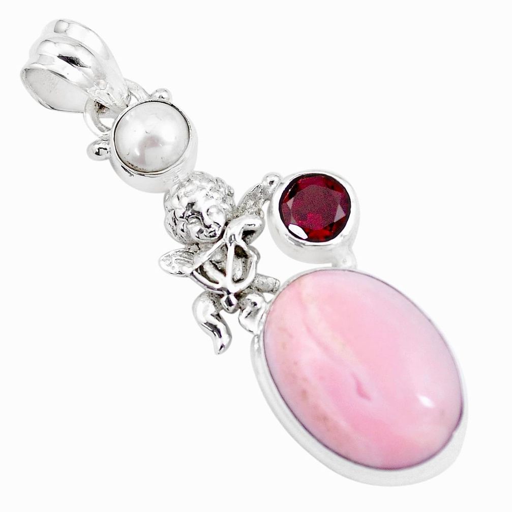 15.16cts natural pink opal garnet pearl silver cupid angel wings pendant p16224