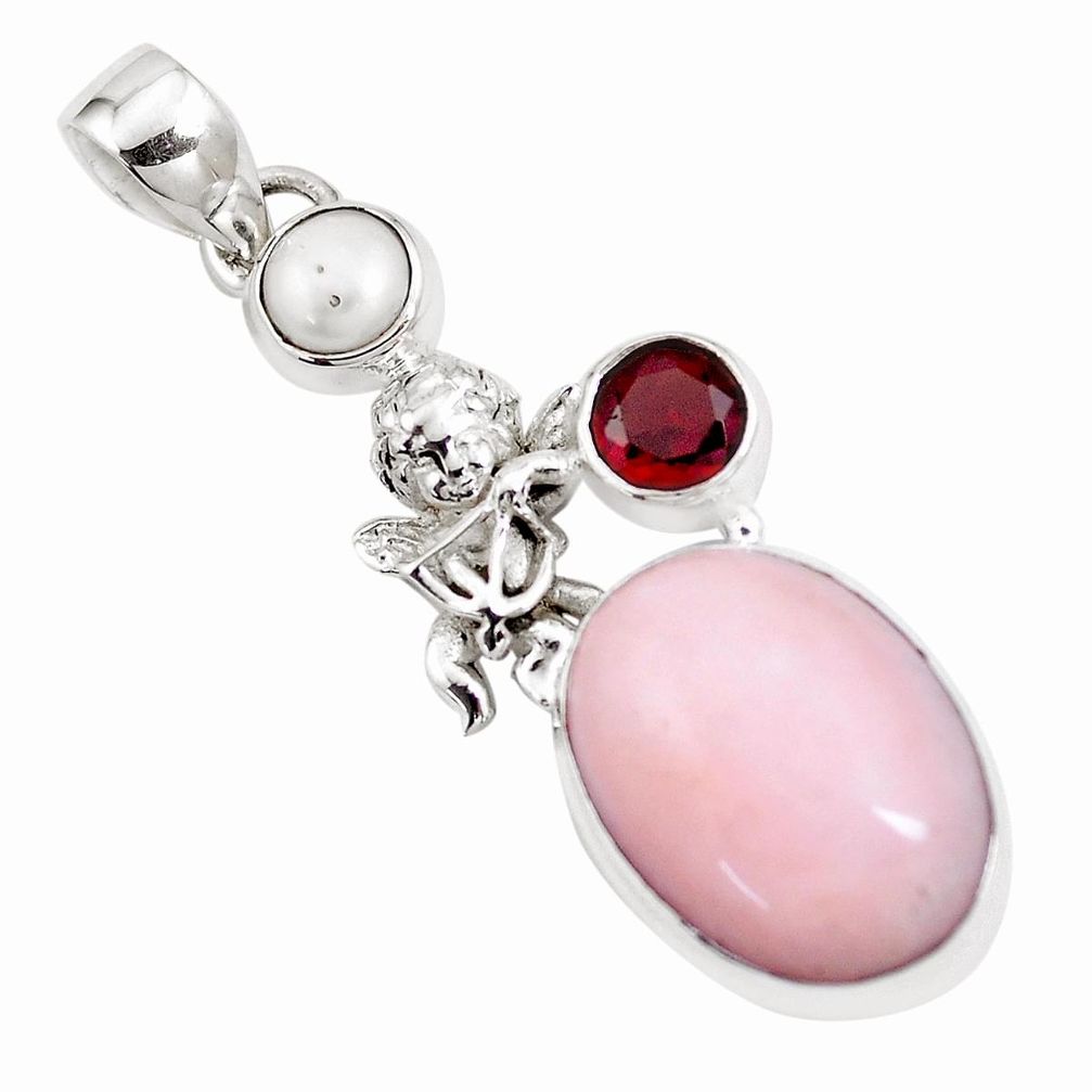 14.72cts natural pink opal garnet pearl silver cupid angel wings pendant p16229