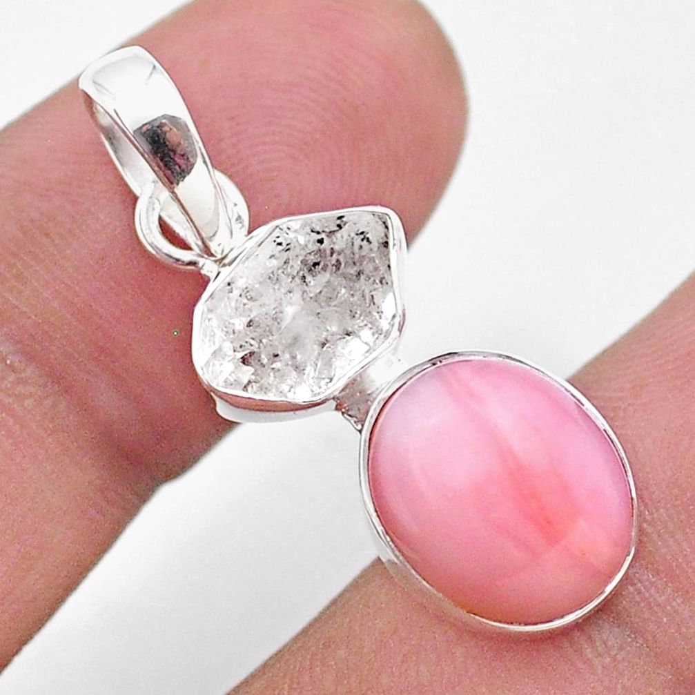 8.39cts natural pink opal herkimer diamond 925 sterling silver pendant t49081