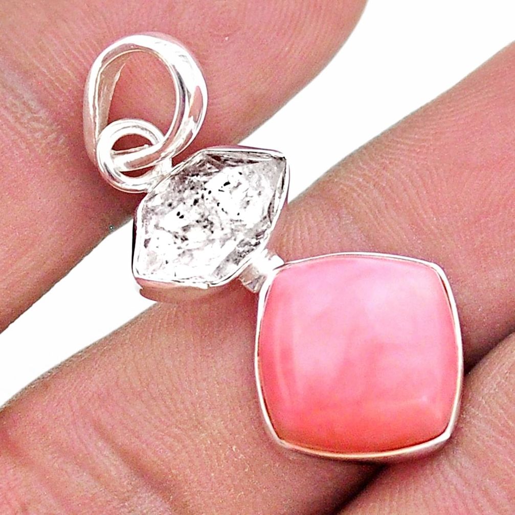 9.86cts natural pink opal herkimer diamond 925 sterling silver pendant t49084