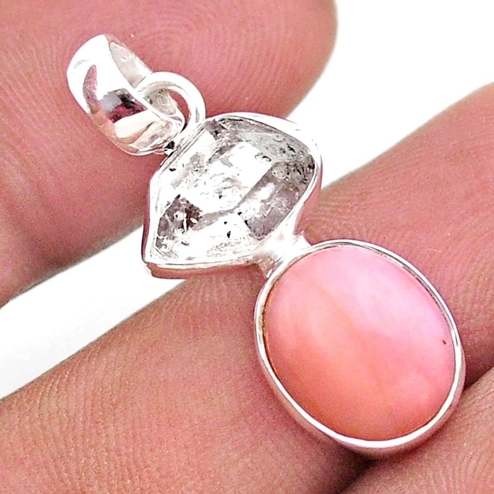 8.90cts natural pink opal herkimer diamond 925 sterling silver pendant t49089