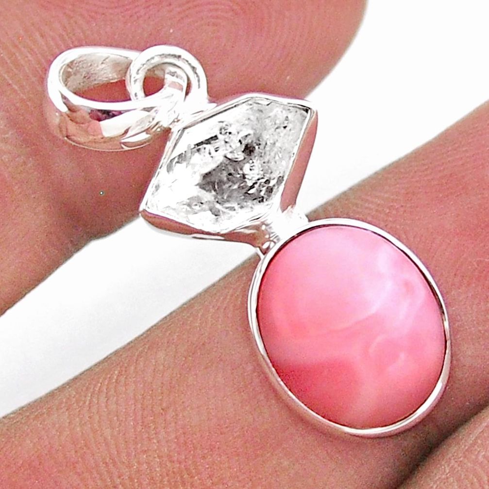 8.00cts natural pink opal herkimer diamond 925 sterling silver pendant t49092