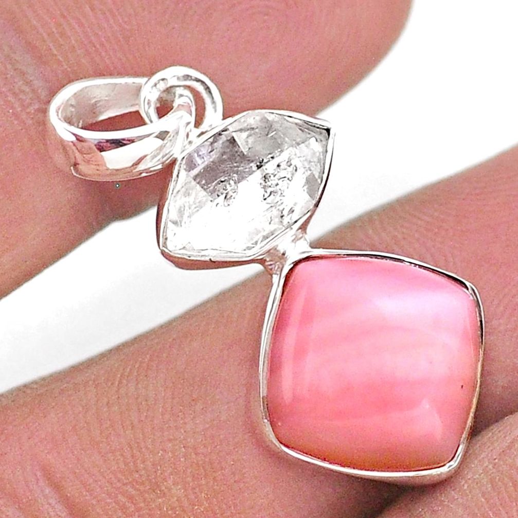 9.80cts natural pink opal herkimer diamond 925 sterling silver pendant t49094