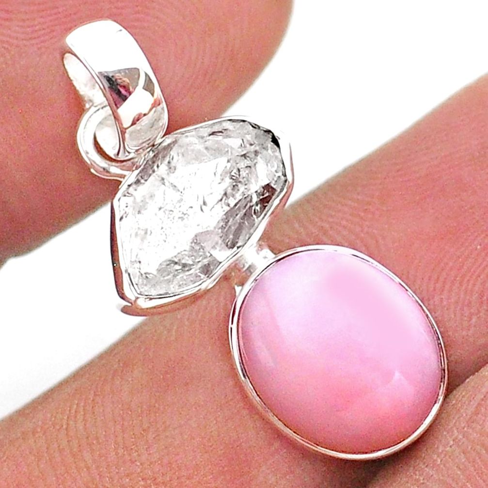 9.27cts natural pink opal herkimer diamond 925 sterling silver pendant t49097