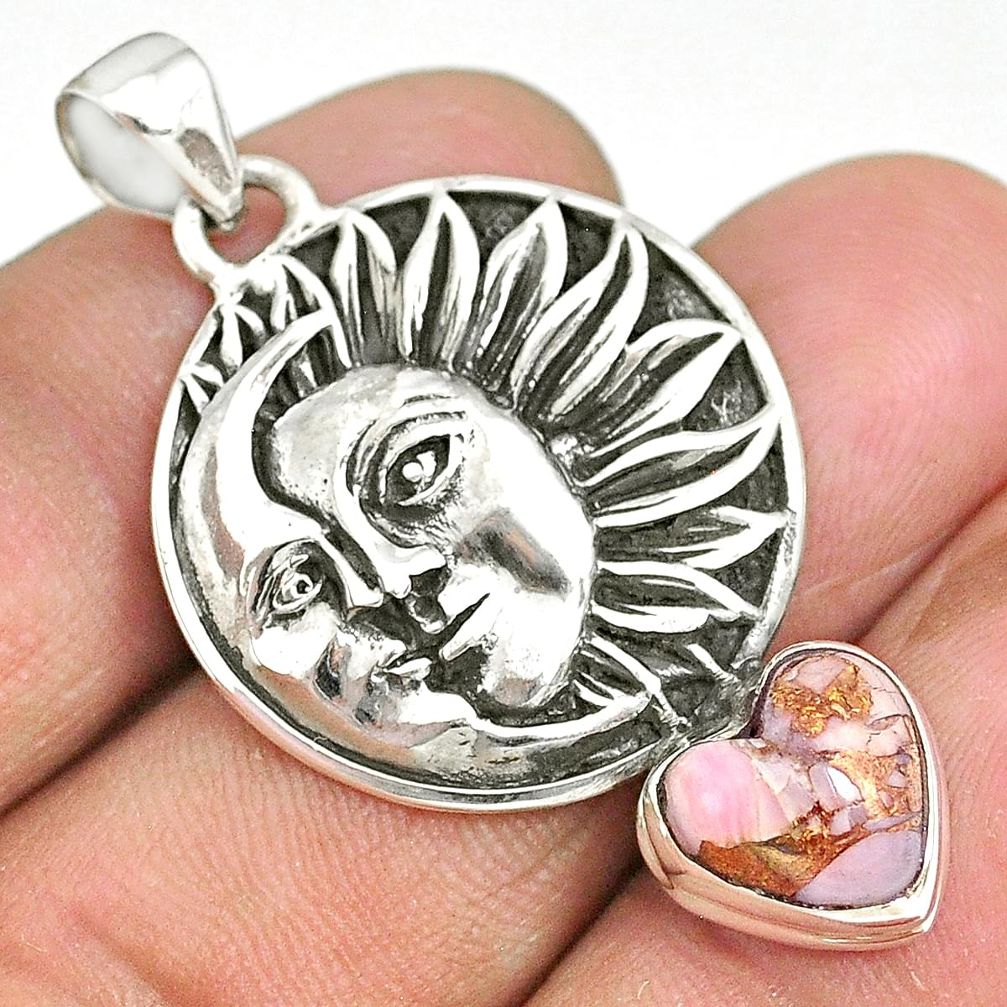 5.47cts natural pink opal in turquoise 925 silver sun moon face pendant r90408