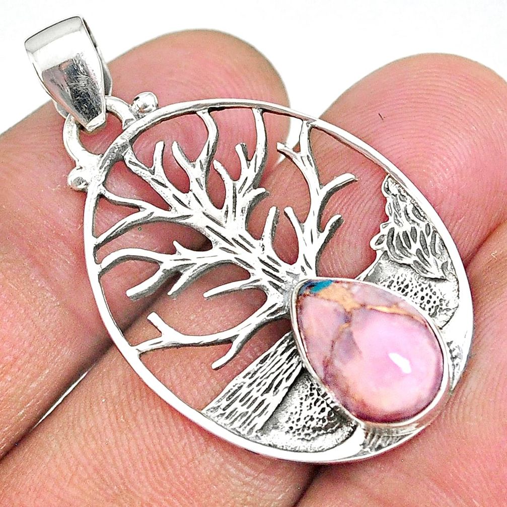 4.29cts natural pink opal in turquoise 925 silver tree of life pendant r90430