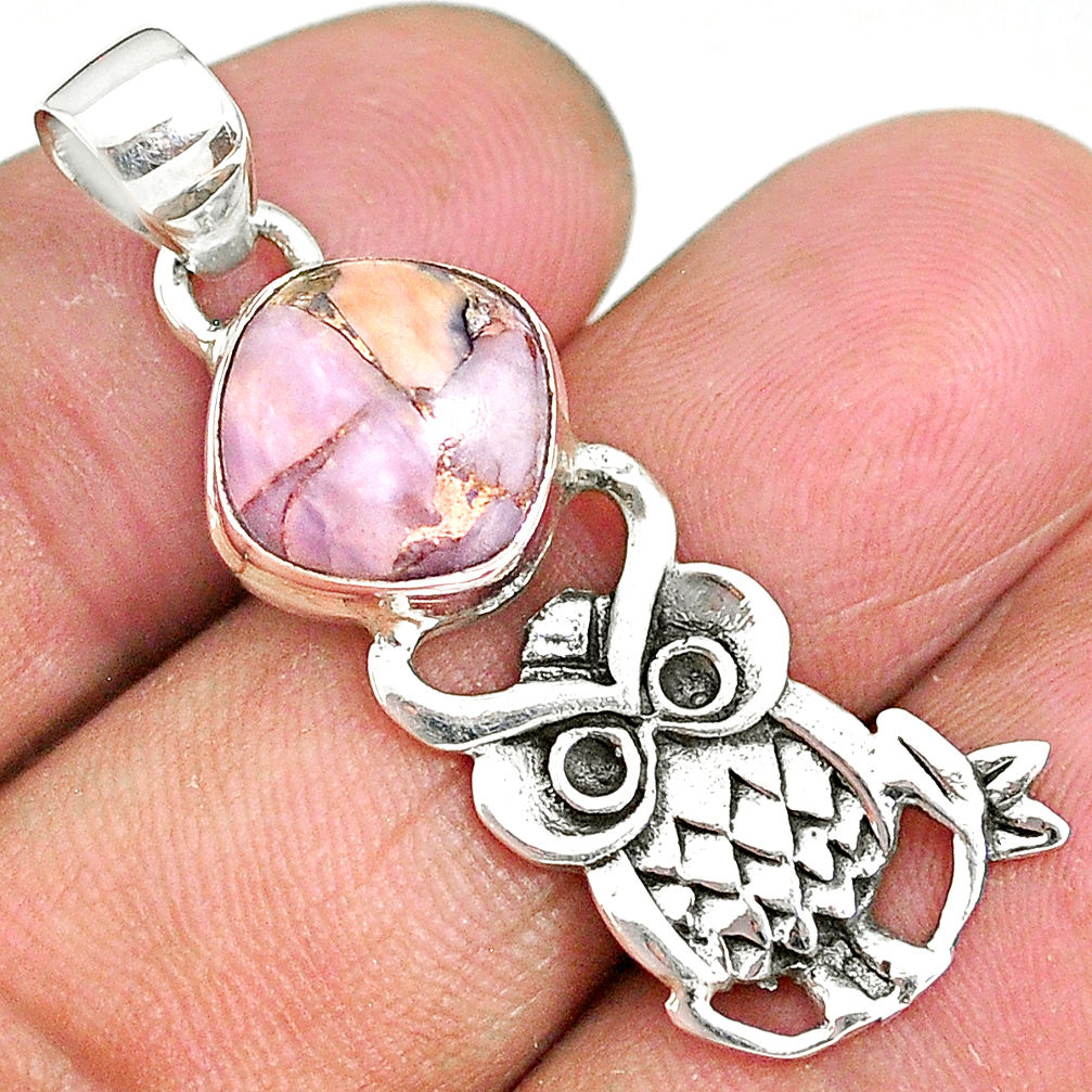 5.06cts natural pink opal in turquoise 925 sterling silver owl pendant r90497