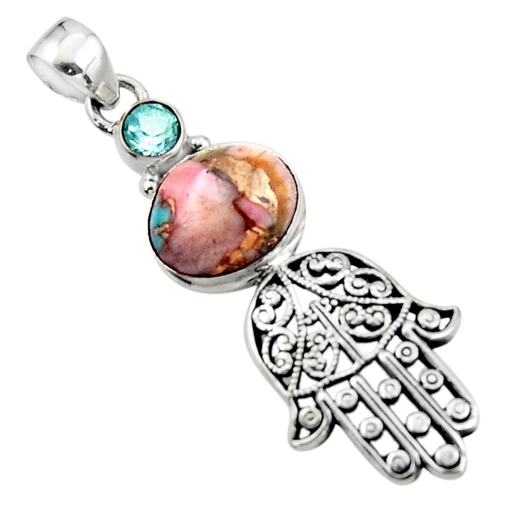 6.16cts natural pink opal in turquoise silver hand of god hamsa pendant r52825