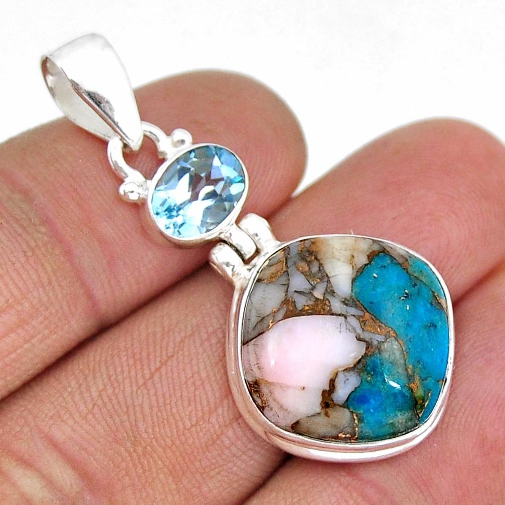 14.40cts natural pink opal in turquoise topaz 925 sterling silver pendant y8599