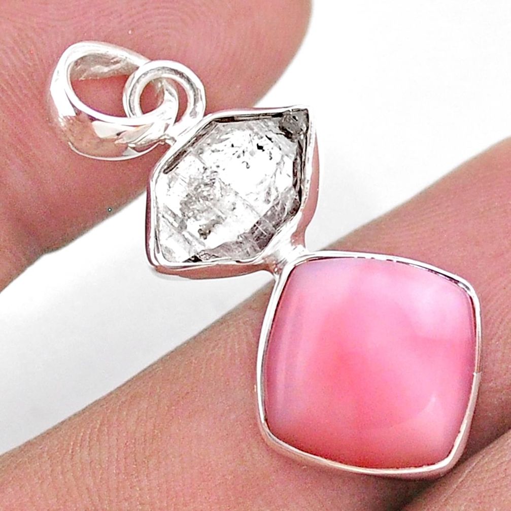 9.75cts natural pink opal oval herkimer diamond 925 silver pendant t49088