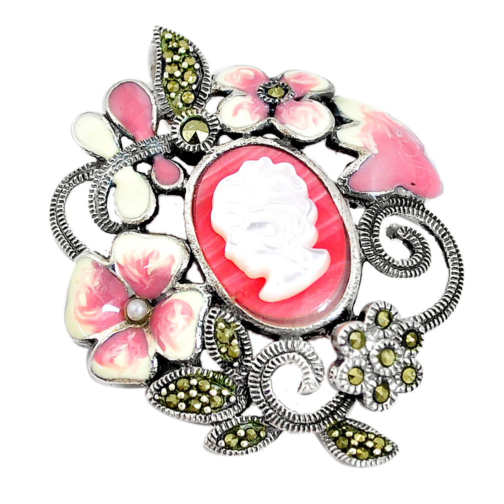 LAB 5.98cts natural pink opal pearl enamel lady face 925 silver pendant c21358