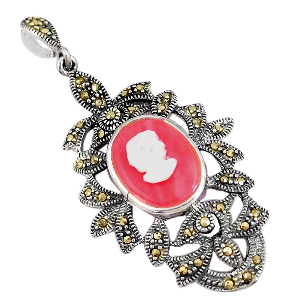 6.18cts natural pink opal pearl enamel lady face 925 silver pendant c16651