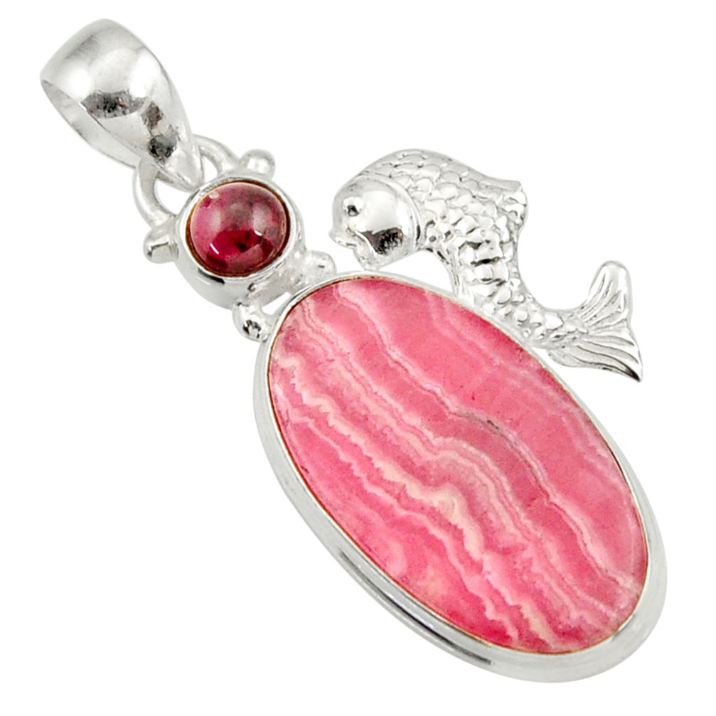 19.00cts natural pink rhodochrosite inca rose 925 silver fish pendant d43010