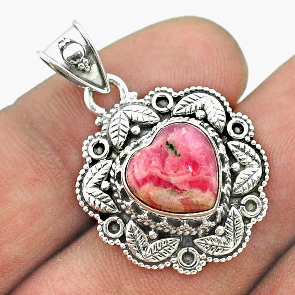 5.52cts natural pink rhodochrosite inca rose 925 silver heart pendant t56138