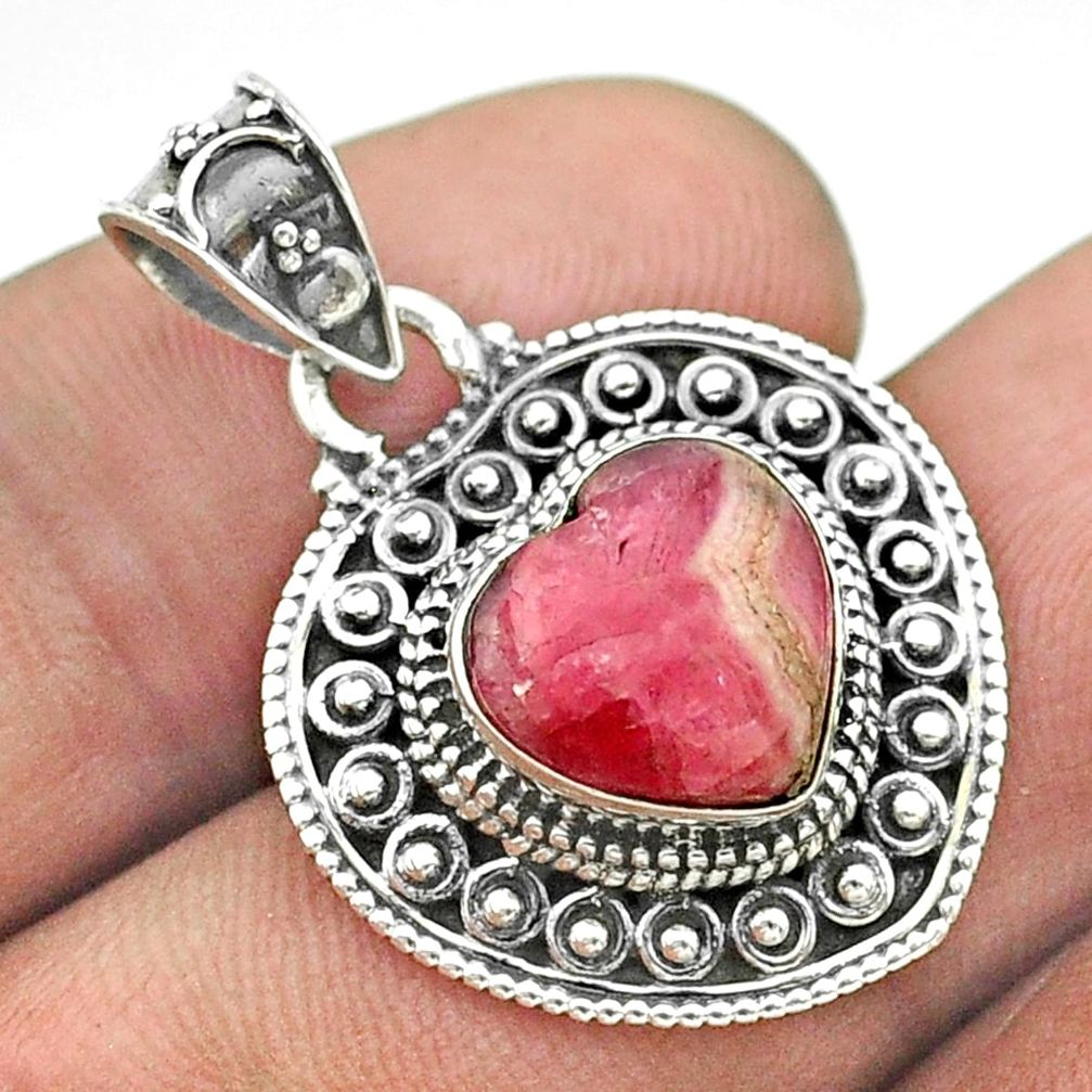 5.08cts natural pink rhodochrosite inca rose 925 silver heart pendant t56174